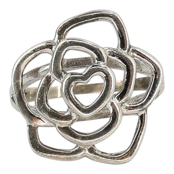 Sterling Silver Open Work Rose Ring 925 Floral Outline Heart Center 3.7G Size 9 - Picture 1 of 9